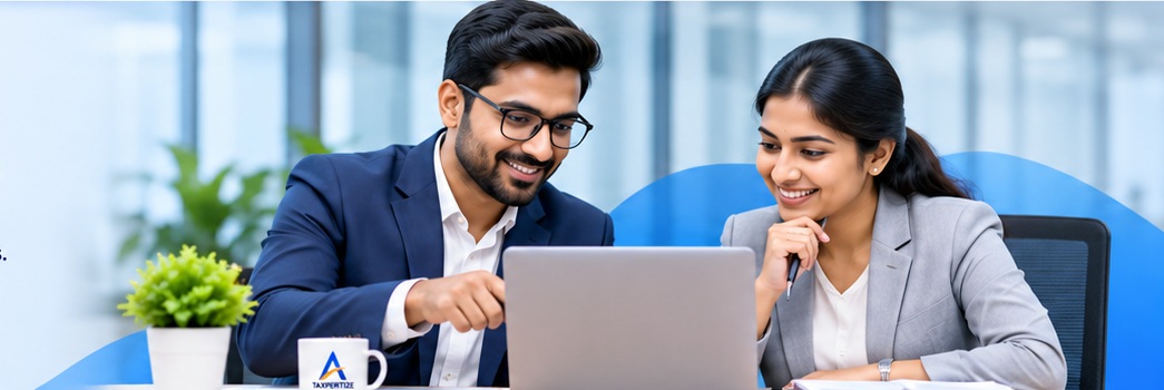 Male and female TAXPERTIZE professionals discussing accounts at a laptop